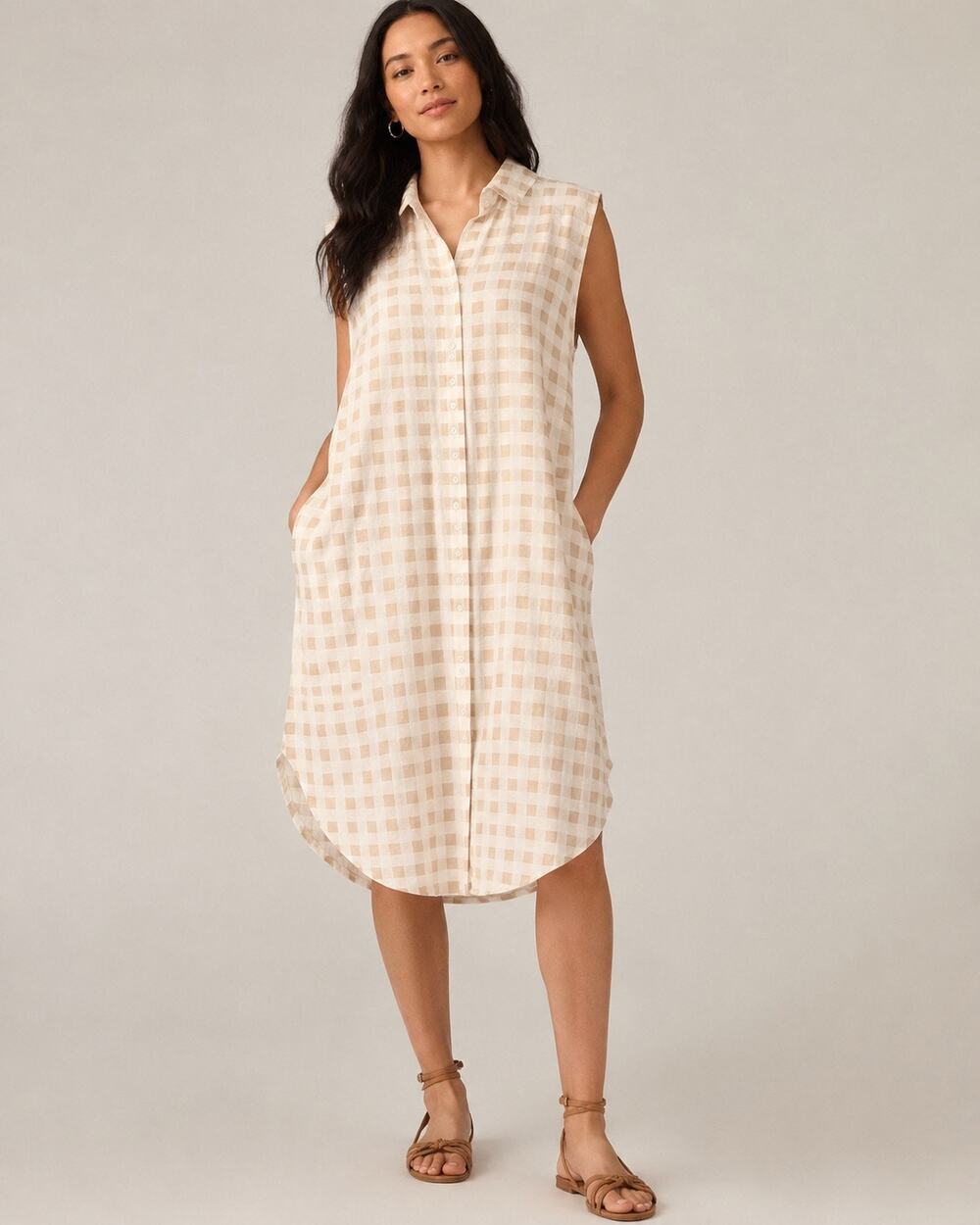 Saks Fifth Avenue Linen Blend Shirt Dress XL Beige Gingham Sleeveless Coastal